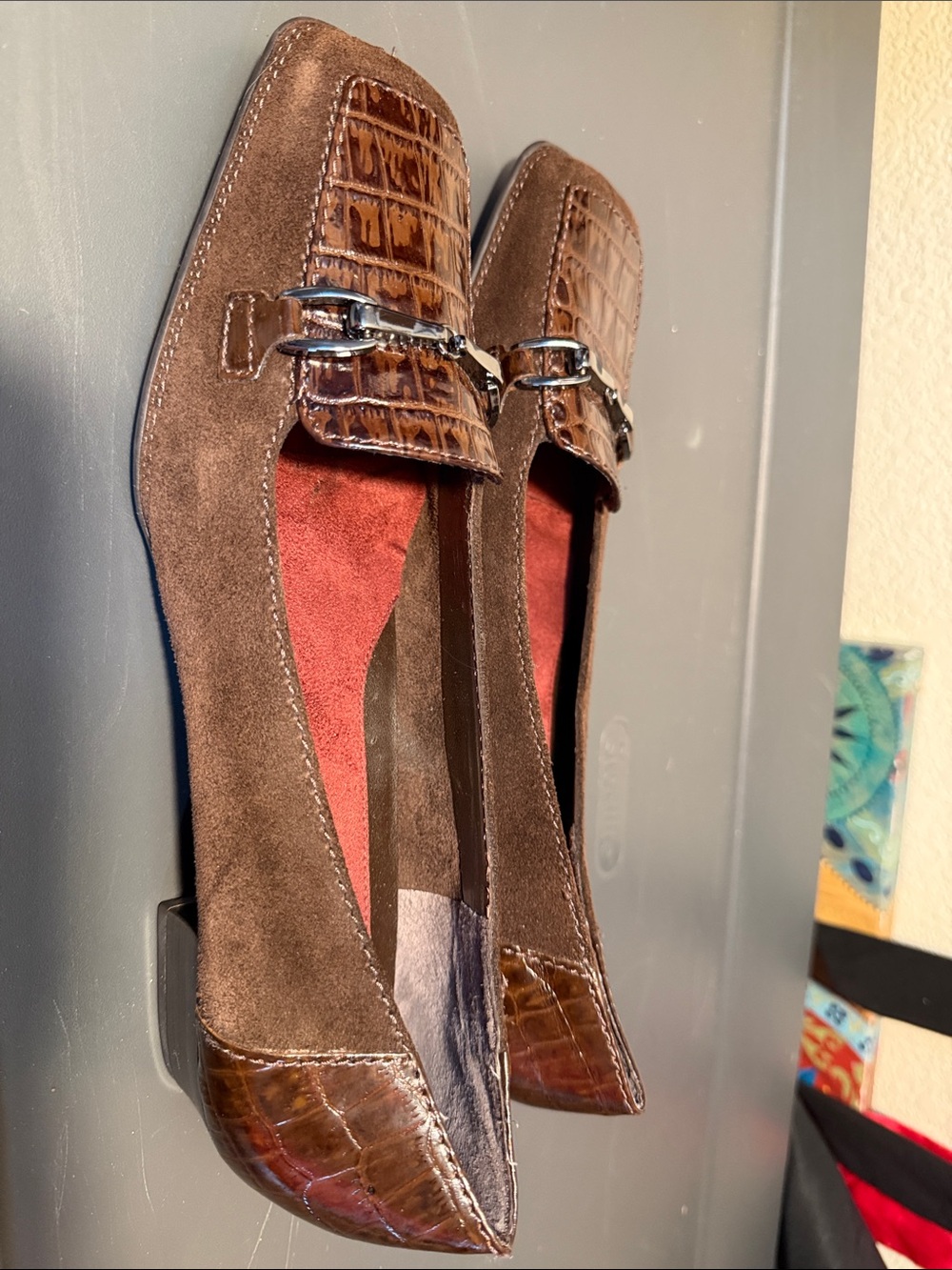 AEROSOLES Brown Suede & Croc-Trim Loafers with Silver Bit